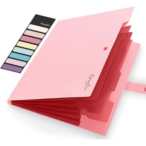 Sooez Expanding File Folder, Letter Size Accordion File Organizer, 5 Pocket Folders for Documents, Cute Folder with Labels, Portable Paper Organizer for School Office Supplies, A4 Size, Pink