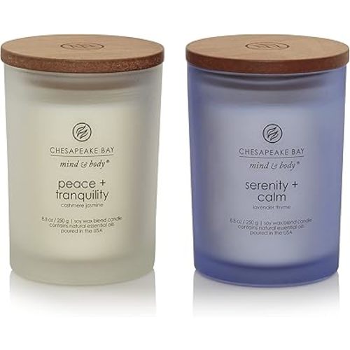 Chesapeake Bay Medium Jar Candles Duo - Peace + Tranquility (Cashmere Jasmine) and Serenity + Calm (Lavender Thyme), Home Decor