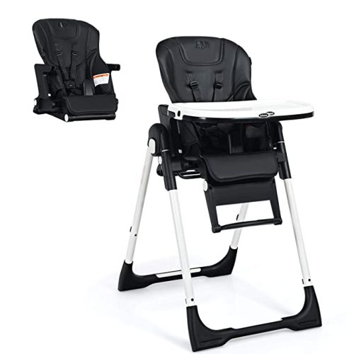 INFANS High Chair for Babies & Toddlers, Foldable Highchair with Multiple Adjustable Backrest, Footrest and Seat Height, Removable Tray, Detachable PU Leather Cushion, Built-in Rear Wheels (Black)
