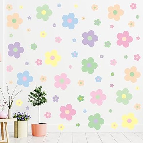 Hotop 128 Pcs Cute Colorful Flowers Y2k Boho Daisy Wall Sticker Decal Floral Spring Summer Sticker Aesthetic Hippie Trendy Colorful Art for Girls Teen Nursery Bedroom Dorm Decor(Danish Pastel)