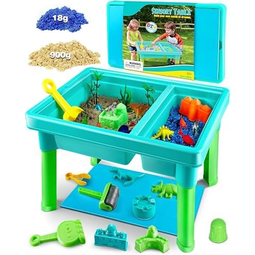 Sandbox Kit Sand Table : Sand Playset Bin with Lid Toys Toddler Dinosaur/Ocean Molds Sets Enhance Creativity & Exploration Skills - Outdoor Indoor Sensory Activity Gift for Small Kid Ages 3-5