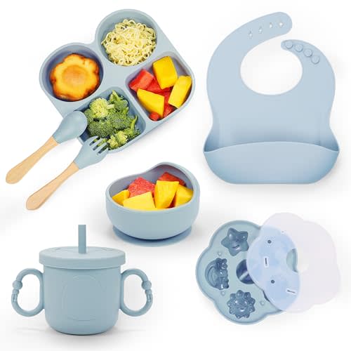 MIICASA Silicone Baby Feeding Set, Baby Led Weaning Supplies, Baby Food Tableware Silicone Suction Plate, Bowl, Spoons, Fork, Waterproof Bib, Cup & Complementary Food Cake Mold, Baby Eating Utensils