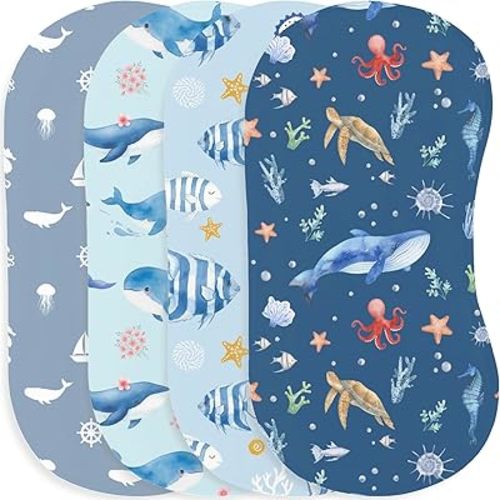 4 Pack Baby Burp Cloths, Smooth Cloth Ocean Animals Pattern Print Muslin Burp Cloths Proper Sized Super Absorbent Washcloths Infants Burping Cloths Rag Sets for Newborns Baby Boy Girl