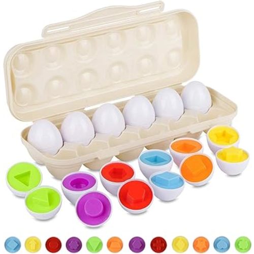 Matching Eggs Set with Beige Eggs Holder, Upgraded Toddler Egg Toys Learning Shapes and Colors Educational Puzzle Sorting Games Improve Motor Skills for Kids Easter Gift, 12 Eggs