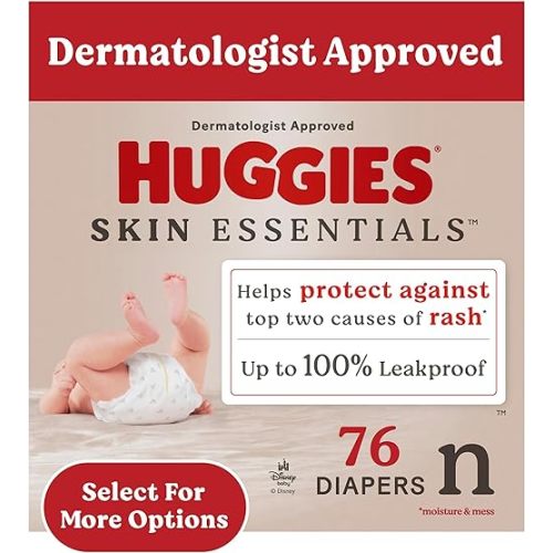 Huggies Size Newborn Diapers, Skin Essentials Baby Diapers, Size Newborn (6-9 lbs), 76 Count, Packaging May Vary