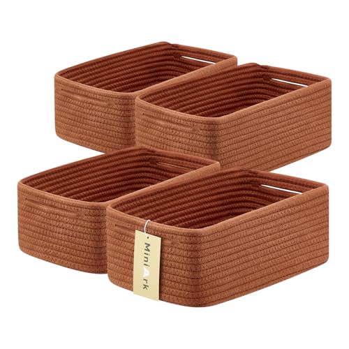 MiniArk Small Storage Baskets for Organizing | Closet Organizer Bins | Shelf Toy Basket | Woven Rope Baskets | Cube Decorative Box | Shallow Basket | 13x8.5x5.1” | 4 Packs Oxide Red