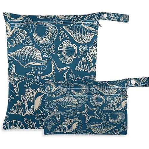 visesunny Vintage Starfish Coral 2Pcs Wet Bag with Zippered Pockets Washable Reusable Roomy Diaper Bag for Travel,Beach,Daycare,Stroller,Diapers,Dirty Gym Clothes,Wet Swimsuits,Toiletries