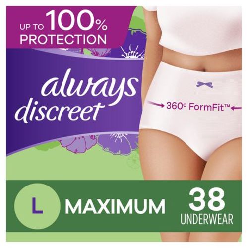 Always Discreet Adult Incontinence Underwear for Women and Postpartum Underwear, L, Up to 100% Bladder Leak Protection,