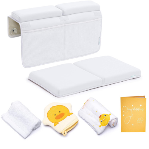 Bath Kneeler and Elbow Rest Pad, Extra Thick Baby Bath Kneeling Pad and Elbow Pad for Bathtub. Bath Tub Elbow Pad with Infant Toy and Baby Accessories Organizer, Off White Color