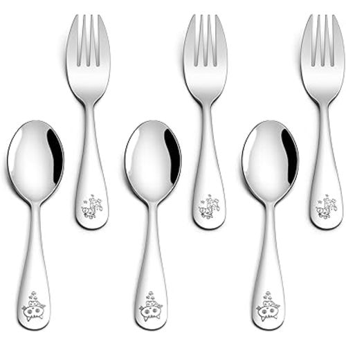 E-far Toddler Utensils, 6-Piece Stainless Steel Little Kid Silverware Set, Metal Small Forks and Spoons Flatware for Self-Feeding, Children Safe & Rounded Edges, Non-toxic & Dishwasher Safe