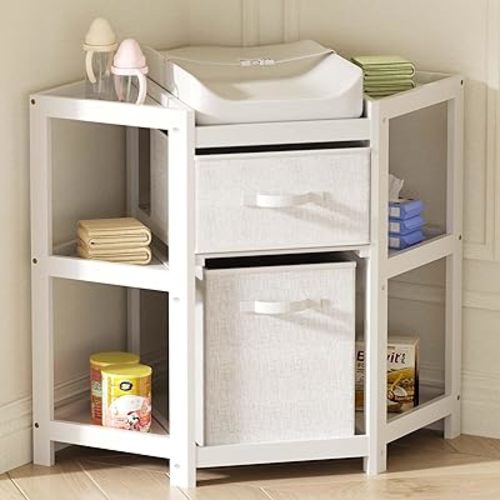 XJD Corner Baby Changing Table with 2 Storage Drawers Changing Table with Pad Diaper Changing Station(White)