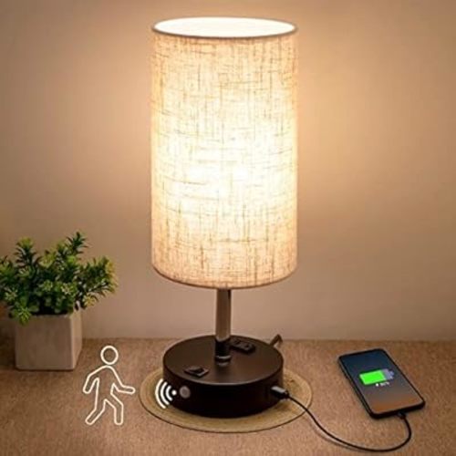 Table Lamp with Motion Sensor and Constant on Mode, USB Lamp Include Warm White Bulb, Built in USB Port & AC Outlet, Bedside Lamp Idea for Bedroom Retro Cream