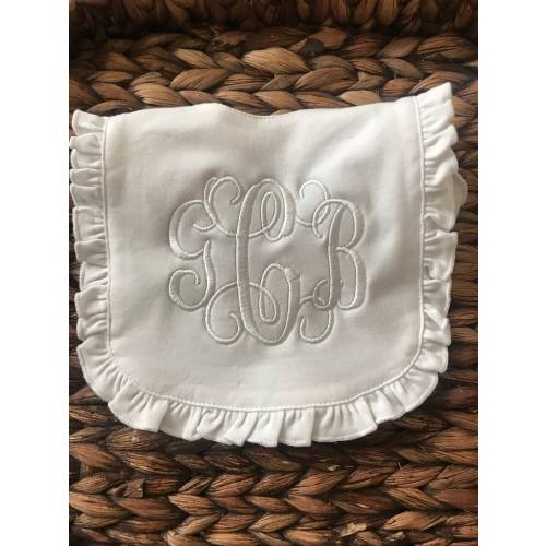 Monogram Baby Bib- White Monogram Ruffle Baby bib- Baby Bibs- Bibs- Personalized Baby Bibs-Baby Girl Bib