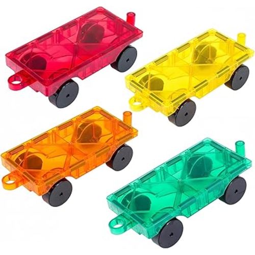 Magnetic Tiles Car Building Kit for Toddlers, 4 PCS Magnet Construction Trucks, STEM Toys for 3-8 Year Old Boys Girls, Educational Vehicle Engineering Set
