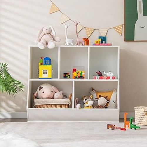 HONEY JOY Toy Storage Organizer with Bookcase, 5-Cubby Children Bookshelf Toy Storage Cabinet, Open Kids Toy Shelf Book Display Organizer for Playroom, Bedroom, Nursery, School (White)