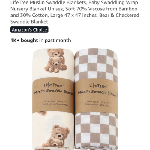LifeTree Muslin Swaddle Blankets, Baby Swaddling Wrap Nursery Blanket Unisex, Soft 70% Viscose from Bamboo and 30% Cotton, Large 47 x 47 inches, Bear & Checkered Swaddle Blanket