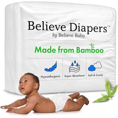Believe Diapers Size 2 (12-18 Lbs) Viscose Bamboo Diapers 25 Count – Natural Baby Diaper, Chemical Free and Fragrance Free Natural Diaper for Sensitive Skin, Super Absorbent with Leak Protection