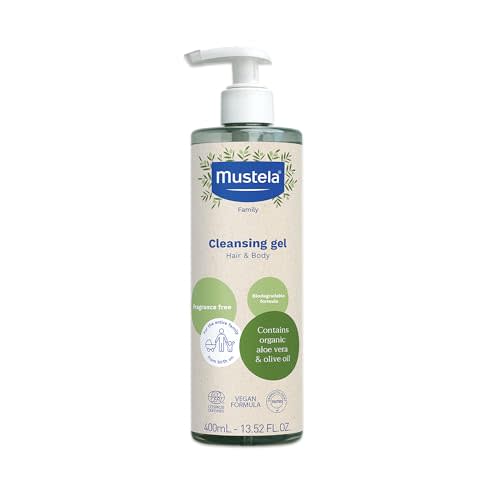 Mustela Certified Organic Cleansing Gel - Natural Hair & Body Wash with Olive Oil & Aloe Vera - For Baby, Kid & Adult - Fragrance Free, Tear Free, Vegan & Biodegradable - 13.52 fl. oz.
