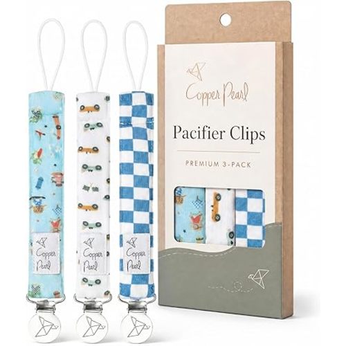 Copper Pearl 3-Pack Pacifier Holders: Premium Knit Binky Clips for Baby Girls and Boys - Stylish Stainless Steel Design for Secure No-Drop Attachment - Speedster