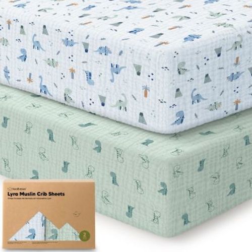 KeaBabies Lyra Muslin Crib Sheets for Boys, Girls, 2pk 52x28 Cotton Baby Crib Mattress Sheets Fitted, Soft, Breathable (Dino Park)