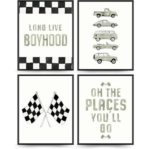 Wheatwin Toddler Boys Room Wall Decor, Sage Green Boys Room Wall Art Prints Set of 4, Long Live Boyhood, Race Car Checkered Playroom Nursery, 8x10 Unframed