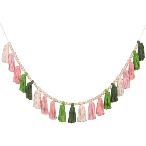 Pink Green Yarn Wood Bead Tassel Garland Wall Hanging Decor Bunting Banner Tassels for Nursery Classroom Baby Shower Birthday Party Kids Room Bedroom Decorations