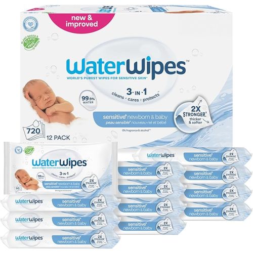 WaterWipes Sensitive+ Newborn & Baby Wipes, 3-In-1 Cleans, Cares, Protects, 99.9% Water, Unscented & Hypoallergenic, 720 Count (12 Packs)
