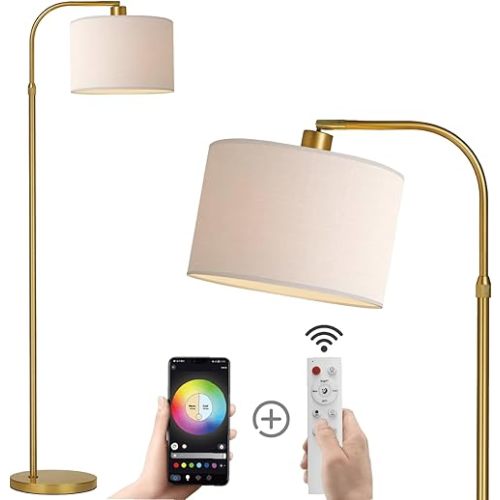 Gold Floor Lamp with Remote Control, 1200 Lumens 15W LED Bulb Included, Adjustable Height Arc Floor Lamps for Living Room, Modern Gold Standing Lamp Dimmable Floor Lamp for Bedroom, Office
