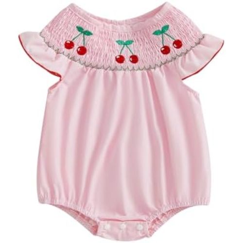 Baby Girl Watermelon Romper Sleeveless Ruffle Smocked Bubble Bodysuit with Pockets Cute One Piece Summer Outfits