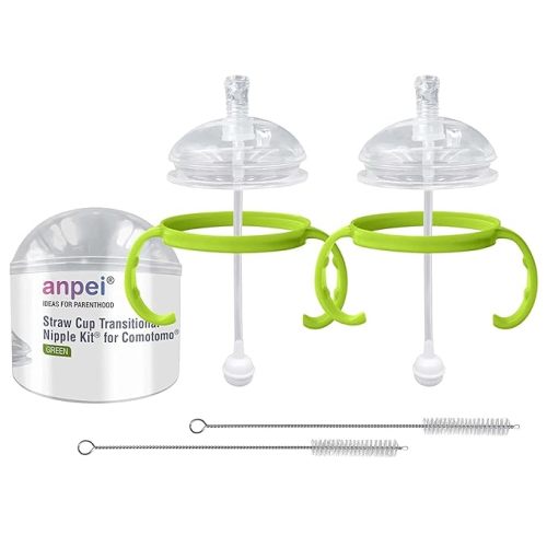 Anpei Straw Sippy Cup Transitional Nipple Kit Bundle Compatible with Comotomo Baby Bottles, 5 oz and 8 oz | Value Bundle 2 Kits + Brushes (Green) - 6 Piece Set - Straw Cup Nipple