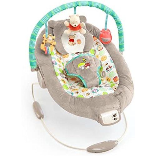 Bright Starts Winnie the Pooh Dots & Hunny Pots Baby Bouncer with Vibrating Infant Seat, Music & 3 Playtime Toys, 23x19x23 Inch