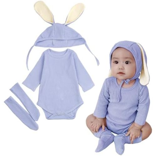 AGQT Newborn Baby Bunny Costume 1st Easter Outfit 3PCS Long Sleeve Romper Baby Boys Halloween Costume Size 0-6 Months