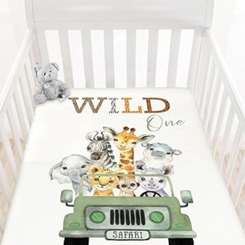 Wild One Safari Animals Truck Fitted Standard Crib Sheet for Baby Boy Girl, Neutral African Jungle Animal Toddler Mattress Cover, Soft Stretchy Nursery Bed Sheets Decor Kids Gift 52 x 28