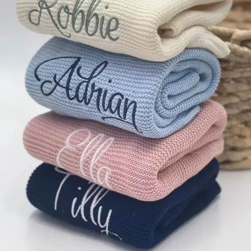 Personalized Kid Name Baby Blanket Embroidered New Born Baby Blanket Stroller Swaddles Breathable Cotton Knitted Blanket Bedding - AliExpress