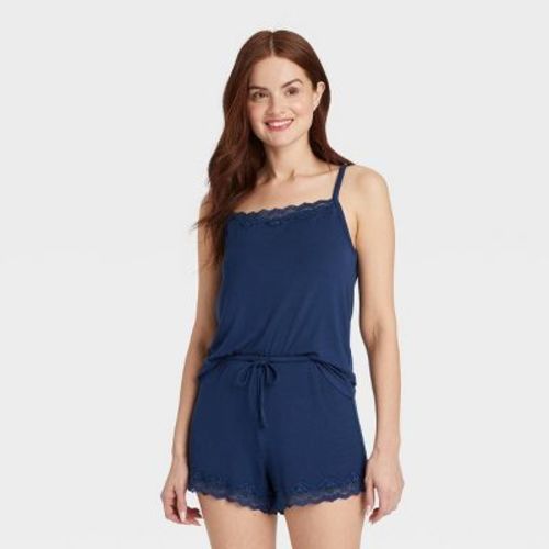 Women's Lace Trim Ribbed Cami Top and Shorts Pajama Set - Auden™ Navy Blue M: Modal Spandex Knit, Squareneck, Sleeveless, Drawstring