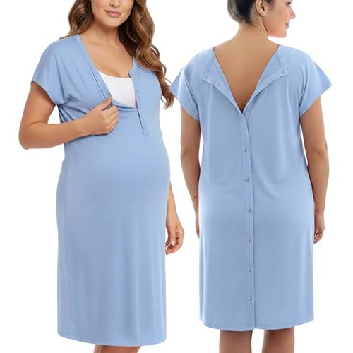 PATPAT Maternity Labor and Delivery Gown, Womens Hospital Gown with Pockets | Pregnancy through postpartum, soft fabric, full back opening for checks, easy nursing access, skin-to-skin, side pockets
