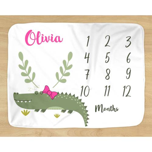 Girly Alligator Milestone Blanket - Personalized Name - Pink Gator Crocodile Design for Baby  Girl - Soft for Monthly Milestones