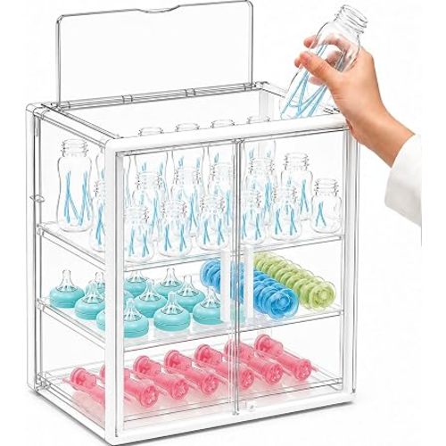 Reinforced Baby Bottle Organizer 3 Tier Baby Bottle Storage Organizer Clear Bottles Station for Countertop Double Magnetic Door Acrylic Large Bottles Container Cabinet Bin for Pacifiers,Pump X-Large