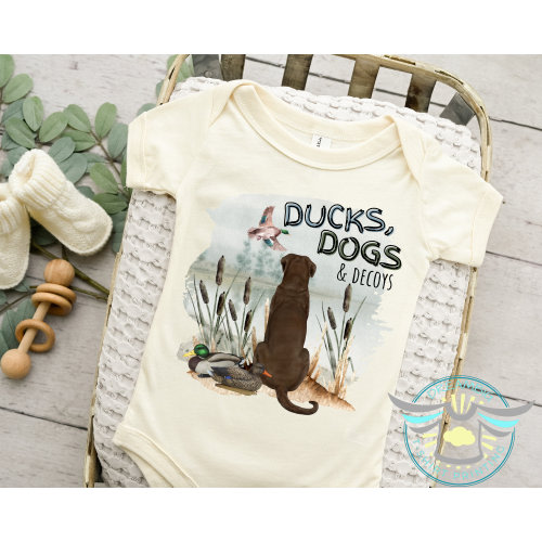 Duck Hunting Onesie® Hunting Bird Dog, Ducks Dogs & Decoys, Daddy's Hunting Guide, Duck Call, Country Boy, Chocolate Labrador Retriever