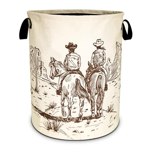 Western Cowboy Laundry Basket Desert Horse Foldable Oxford Cloth Funny Tote Bag Laundry Hamper Clothes Storage Bucket Organizer For Bathroom/Laundry Storage/Bedroom 18.9x16.5 Inch