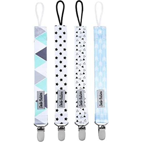 Dodo Babies Pacifier Clip Set - Four Clips Plus Binky Case - Universal Holder Fits Most Paci Brands, Teether Toys and Car Seats - Blue and White Prints for Girls or Boys