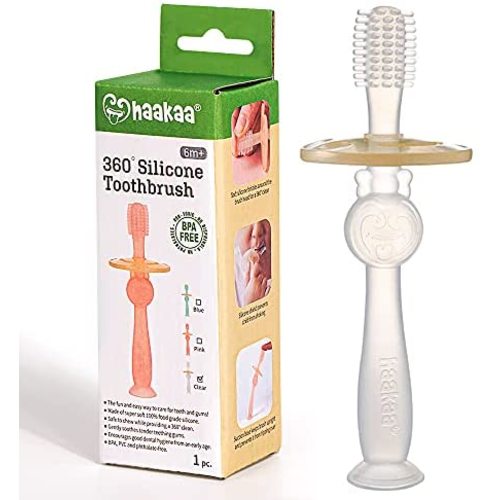 Haakaa 360° Baby Toothbrush with Suction Base Infant Silicone Toothbrush Teethers for Babies Teething Toys,1pc (Translucent)