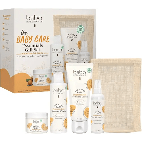Babo Botanicals Baby Care Essentials Gift Set - Skincare, Bath & Diaper - For Delicate Skin, Fragrance-Free with Shea Butter, Includes Reusable Carry Pouch - Natural & Plant Based - 5 Items Set