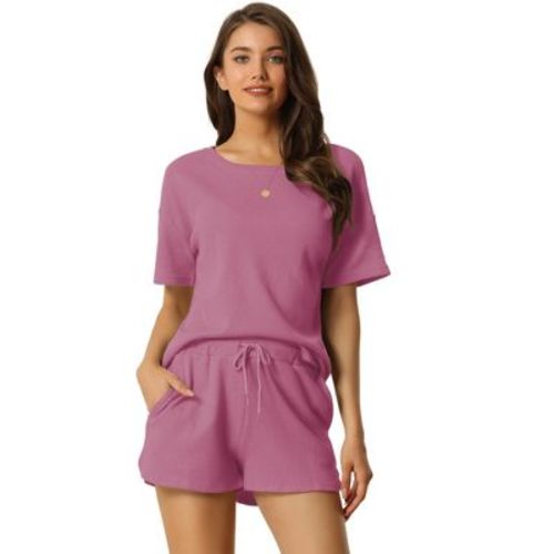 cheibear Women's Casual Pullover Short Sleeve Sleepshirt with Shorts Waffle Pajama Sets Green Large