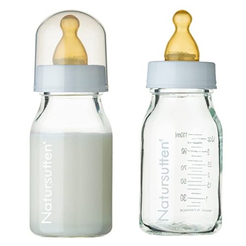 Natursutten Anti-Colic Bottles - 4 Oz Baby Bottles Glass - Newborn Set with Natural Rubber, Slow-Flow Bottle Nipples - Borosilicate Glass - 2 Pack - 4 Ounce - Slow Flow