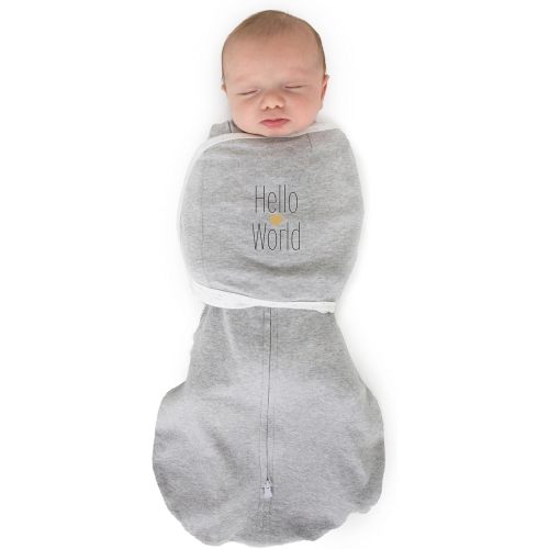 SwaddleDesigns 6-Way Omni Swaddle Sack, Arms Up Swaddle for Newborn, More Options to Calm Startle Reflex, Improves Sleep, Easy Transition Baby Sleep Sack, Small, 0-3 Month, Gray, Hello World