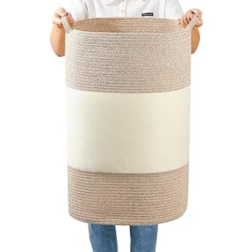 90L Jumbo Woven Laundry Hamper,17" x 17" x 24" Extra Large Laundry Basket for Blanket Storage,Tall Baby Nursery Hamper for Toys in Bedroom,Living Room Brown&White