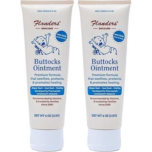 Flanders Buttocks Ointment - Diaper Rash Cream for Treatment & Prevention, Pharmacist Developed, Heat Rash & Chafing in Infants to Adults, Instant Relief (2 Pack of 4oz Tubes)