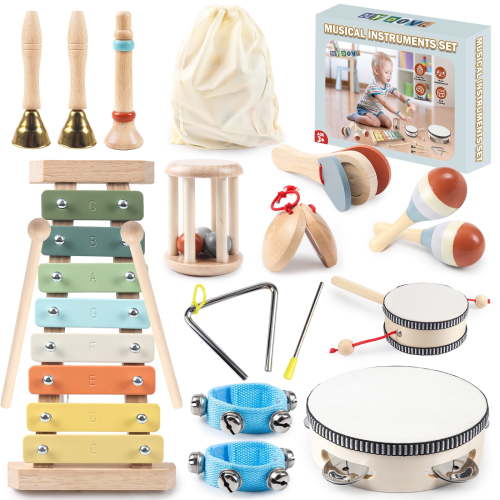RHYBOR Toddler Musical Instruments-11 in 1 Baby Montessori Wooden Toys for Toddlers Kid Preschool Educational 3+ w Storage Bag + Modern Boho Xylophone