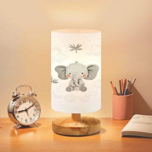 Bedside Table Lamp Little elephant sitting cloud cute baby elephant sitting cloud lipart Dimmable Desk Lamp with Flaxen Fabric Shade Wood Base Nightstand Lamp Small Lamp for Bedroom Living Room Home